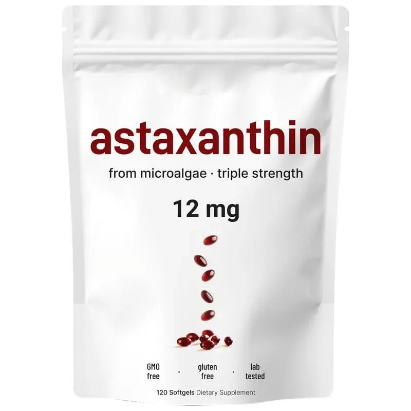 Astaxanthin 12 Mg Gelatin Softgels From Microalgae Antioxidant Support Gluten Free GMO Free Easy To Swallow 120 Softgels
