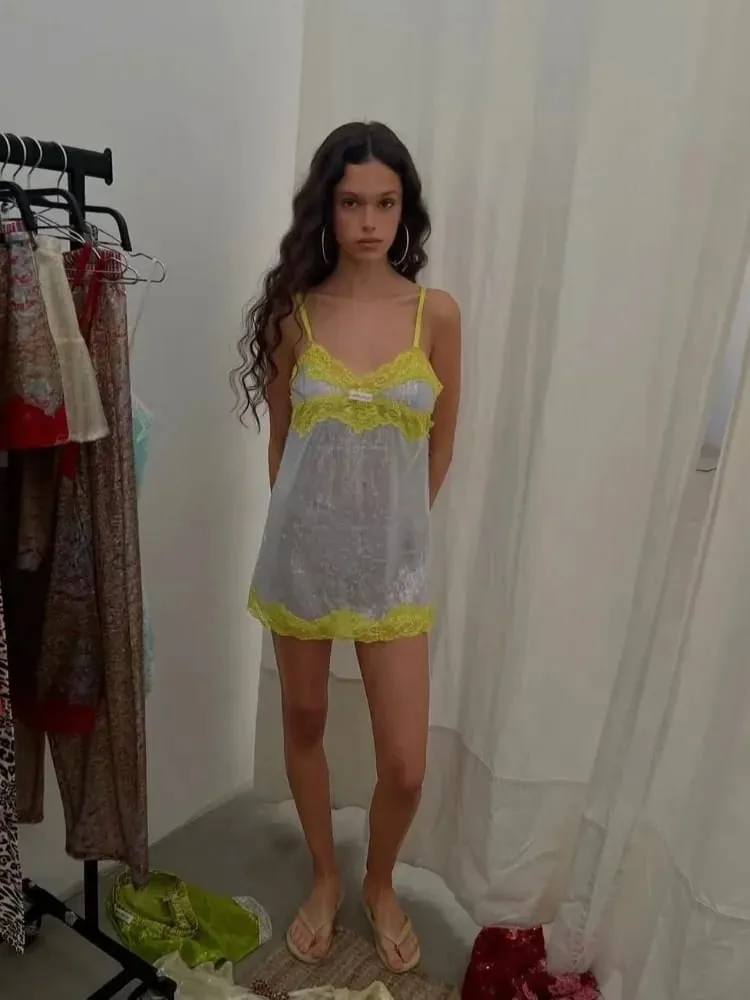 Sexy Sequin Lace Trim Dress Women Fashion V-neck Sleeveless High Waist Mini Sling Dresses 2026 Summer Trendy Lady Vacation Robe