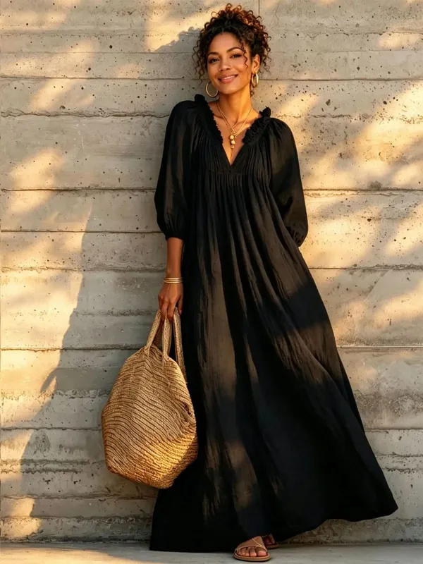 Women Boho Dresses V Neck Lantern Sleeve Maxi Dress Vacation Loose Beach Cover Up Dress Spring Summer Overall Jumpsuit Playsuit