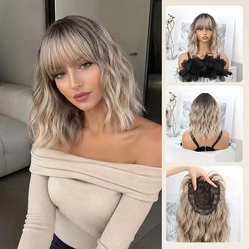 14Inch Synthetic Short Ombre Wavy Curly Topper Hair Extension for Women Clip In Top Hair Replacement Fiber Hair Accessory