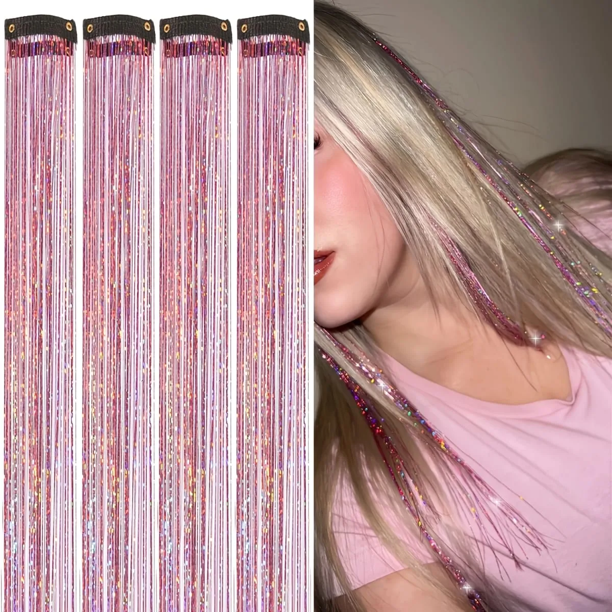 4pcs Clip-In Hair Tinsel Extensions Sparkly Holographic Glitter Hair Strands with Snap Clips Reusable Easy-To-Wear Hair
