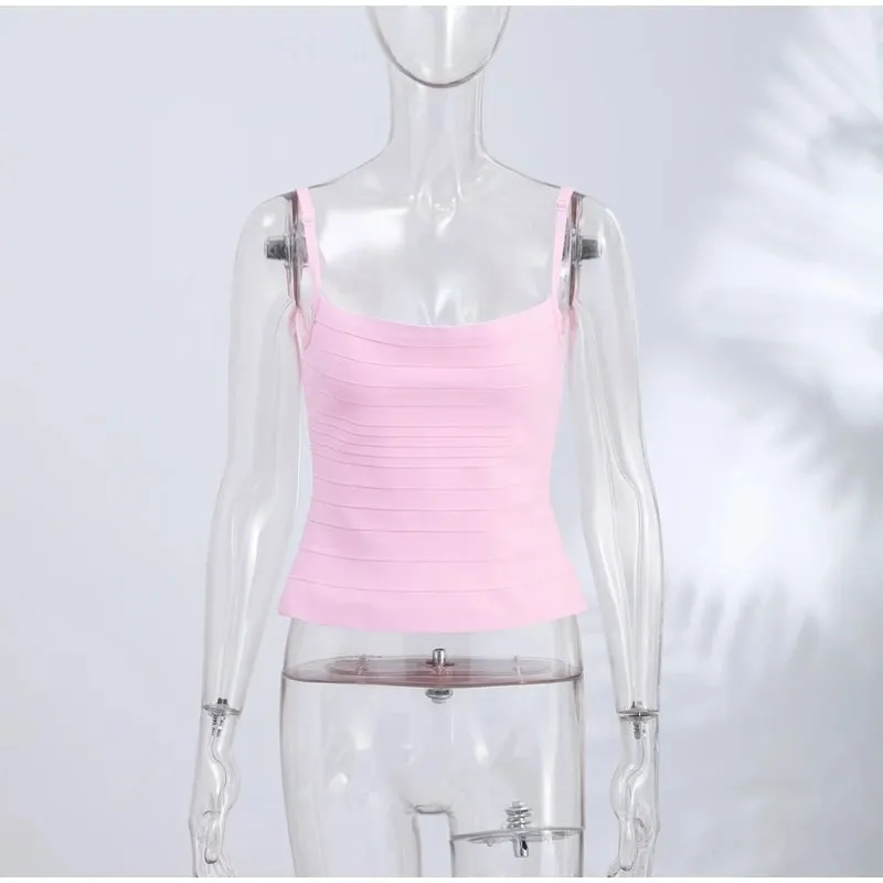 Women Bandage Cami Top Horizontal Striped Stretch Bandage Sleeveless Spaghetti Strap Bodycon Tank Top Elegant Party Summer Tops