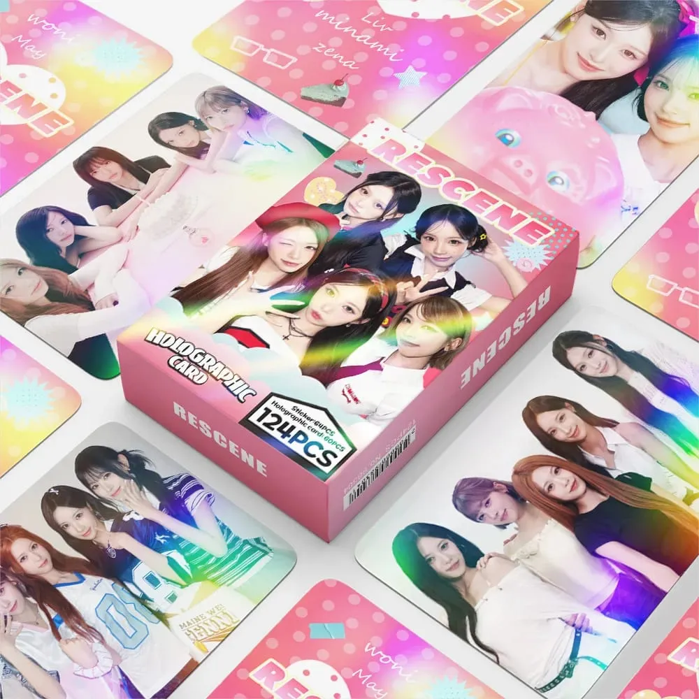 124Pcs/Set Idol RESCENE Total Link New Album Pretty Girl Laser Cards And Stickers Postcards Woni Liv Minami May Zena Fans Gifts