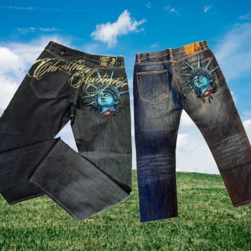 Amerikansk vintage Liberty Goddess diamantjeans med hög midja rakt skurna vida ben jeans Y2K casual Ins street wear långbyxor