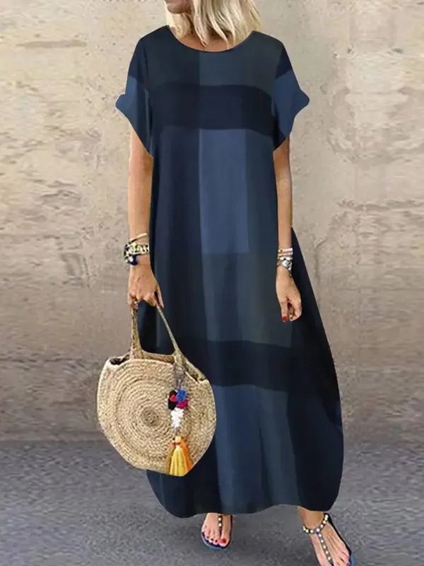 Bohemian Plaid Überprüft Sommerkleid Sommer Kurzarm Langes Kleid Mode Urlaub Partei Vestido Femme Casual Lose Robe 2025