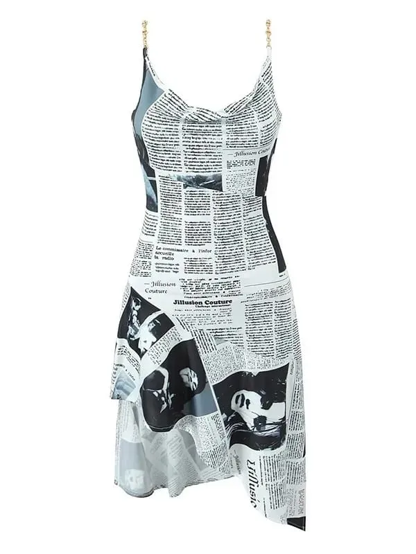 New Women Newspaper Letter Print Irregular Hem Sling Dresses Fashion Backless Thin Straps With Chain Summer Sexy Dress KJH2
