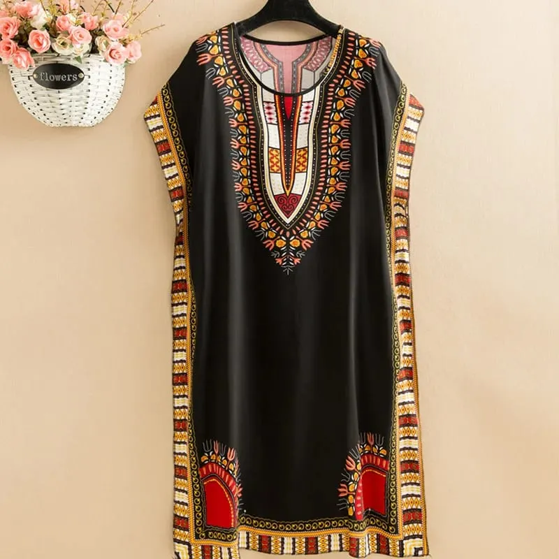 Summer cotton and silk dress medium and long bat sleeve loose large size beach dress mother dress belly and thin skirt women