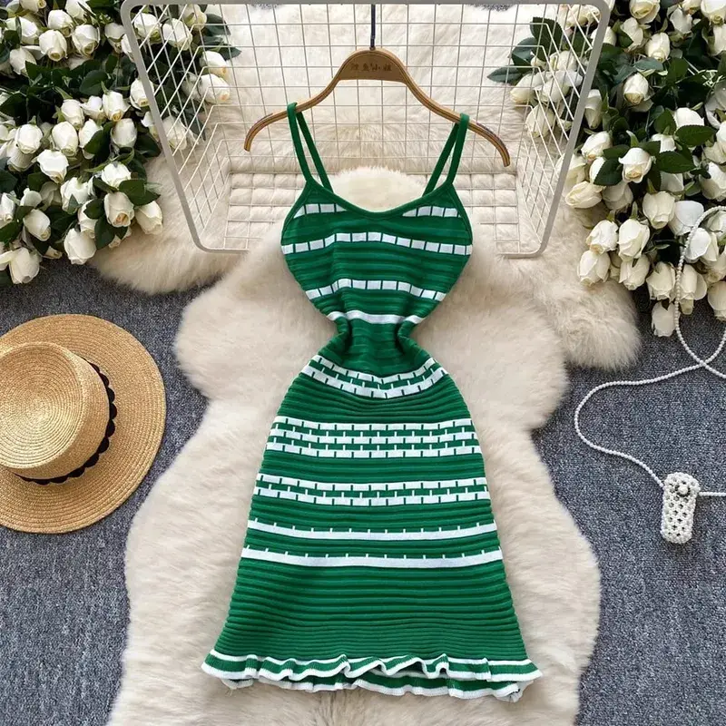 YuooMuoo Chic Fashion A-line Short Women Dress Ins Hot Y2K Geometric Knitted Summer Dress Streetwear Korean Lady Party Vestidos
