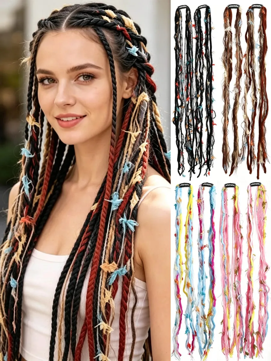 Colorful Hand Woven Braiding Extensions Hair Clip In Synthetic Wig Dreadlock Hair Pieces Hair Accessories for Women Daily Party