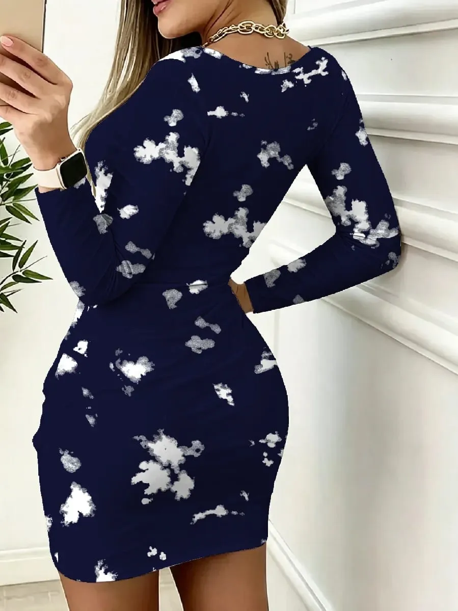 Autumn Casual Elegant Women's round Neck Long Sleeve Dress with White Printed Pocket Waist Cinching Mini Skirt Length