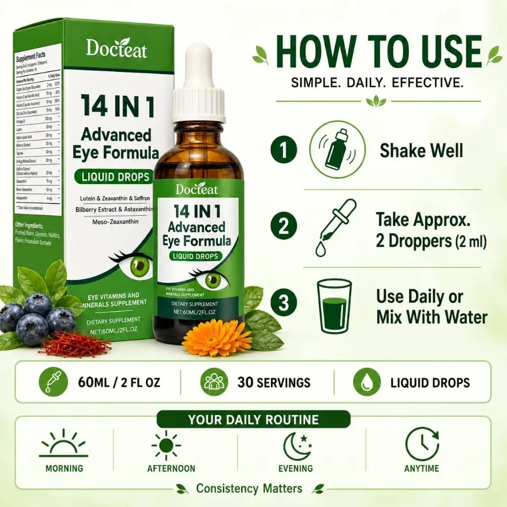 14 in 1 Eye Formula Liquid Drops – Lutein Zeaxanthin Saffron Astaxanthin Advanced Visual Support Antioxidant Blend 60ml
