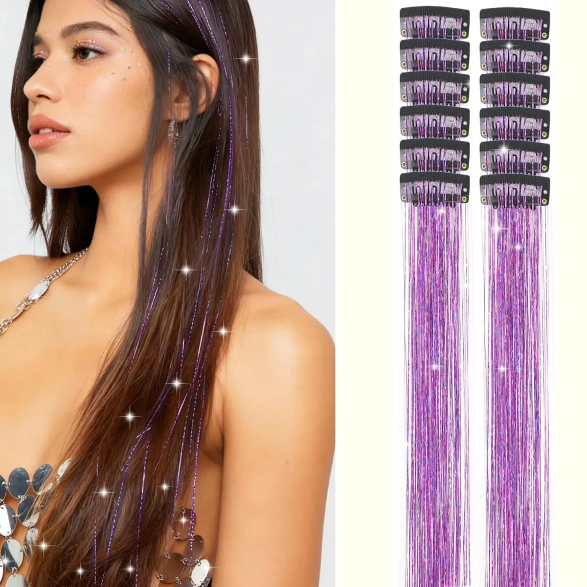 12 Pcs Clip in Hair Tinsel Sparkly Glitter Fairy Hair Extensions Shiny Hair Accessories For Girls Women Kids Party Festival