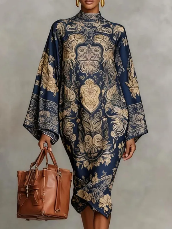 Women's Vintage Elegant Printed High Neck Kaftan Dress Long Sleeves Loose Elegant Evening Midi Dresses Robe 2026 New