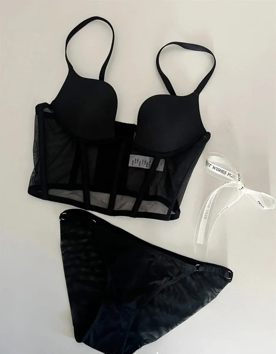Sexy black fishbone bra underwear with steel ring top support lingerie bra set gathering women large size bralette