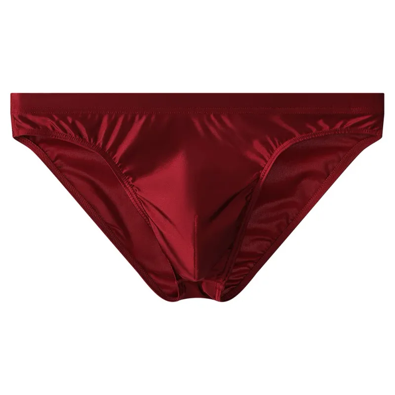 Slip bikini da uomo in raso marrone di lusso Cintura alta elastica Mutande lisce e lucide con custodia sagomata 3D Intimo traspirante