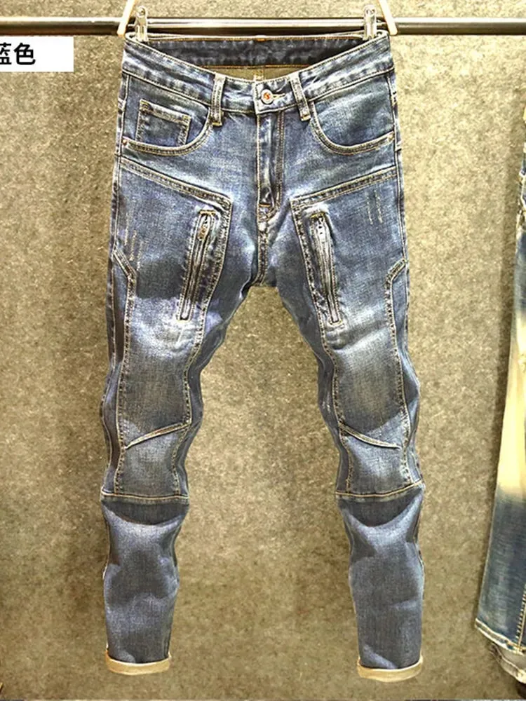 Autumn and Spring New Fashion Trend American Vintage Straight Leg Denim Pants Men's Casual Sports Multi-pocket Stretch Jeans