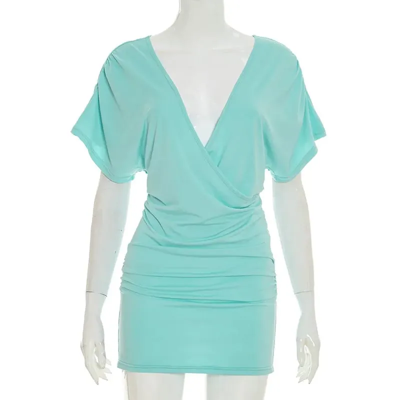 Deep V-neck Ruched Mini Dress Women Backless Short Sleeve High Wasit Dresses Spring Bodycon Elegant Party Club Dress