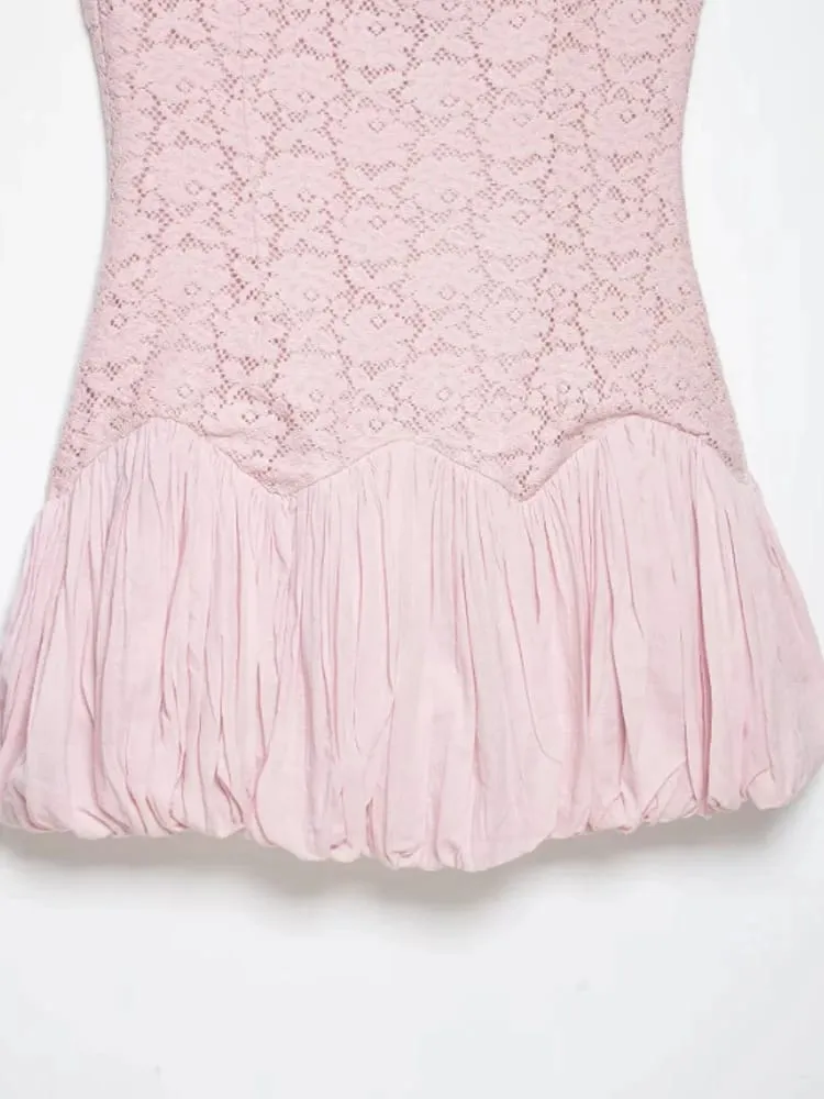 Pink Color Block Lace Spaghetti Strap Mini Dress Women Sweet Deep V Sleeveless Bubble Hem Dresses Lady Daily Dating Casual Gown