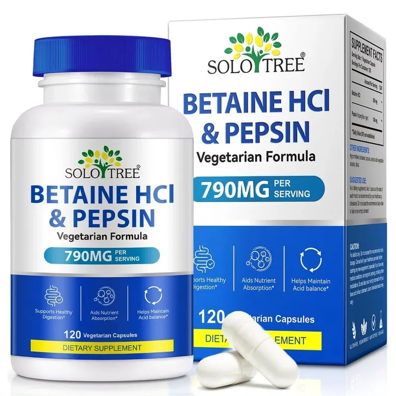 베타인 HCl 펩신 캡슐 790mg 소화 산성 균형 및 영양소 흡수 지원을 위한 채식주의자 성인 120개