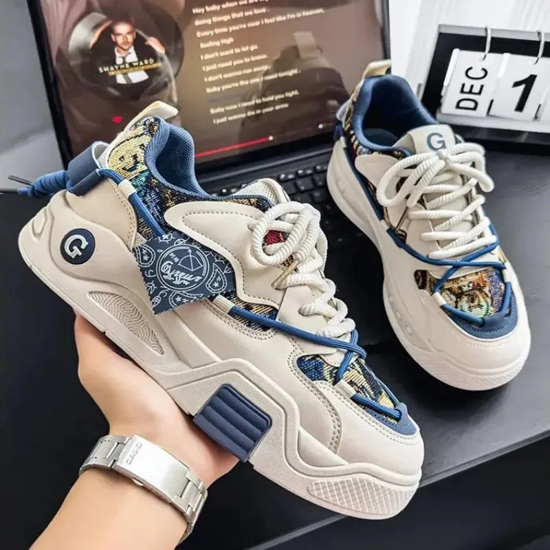 ฤดูใบไม้ผลิฤดูร้อนผู้ชายรองเท้าผ้าใบ Chunky Sole รองเท้า Retro บล็อกสีกราฟิกพิมพ์ Lace Up หนาแบนแพลตฟอร์มรองเท้า
