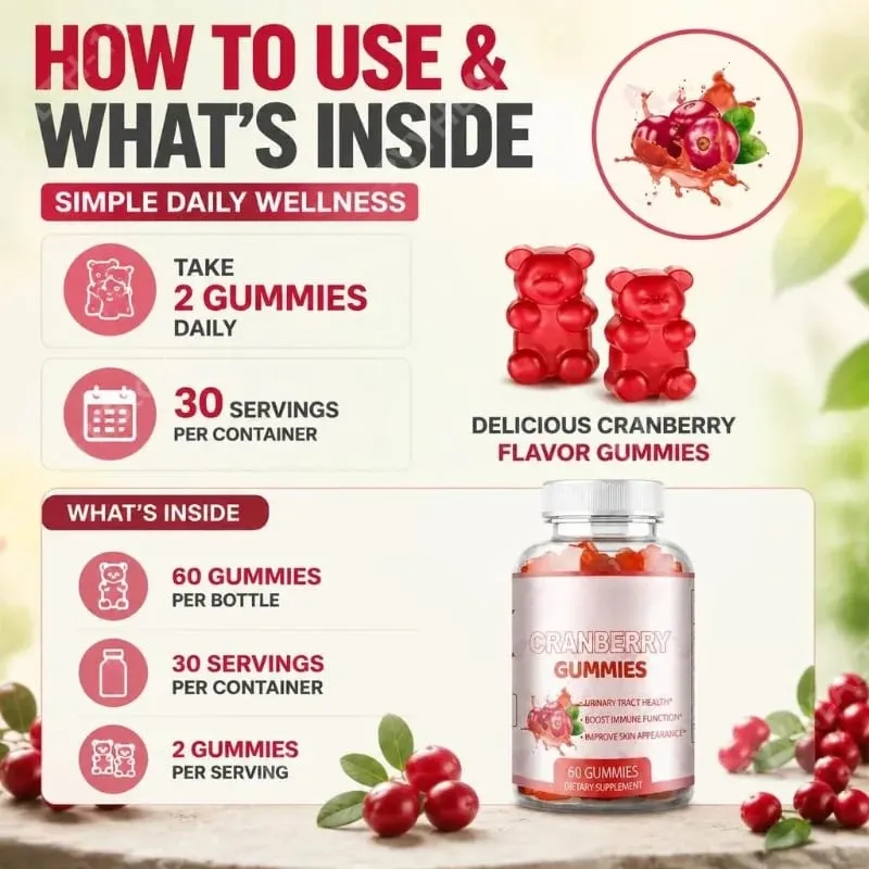 Cranberry Gummies for Urinary Tract Health Support with Vitamin C 40 Mg and Vitamin E 2.7 Mg 60 Gummies