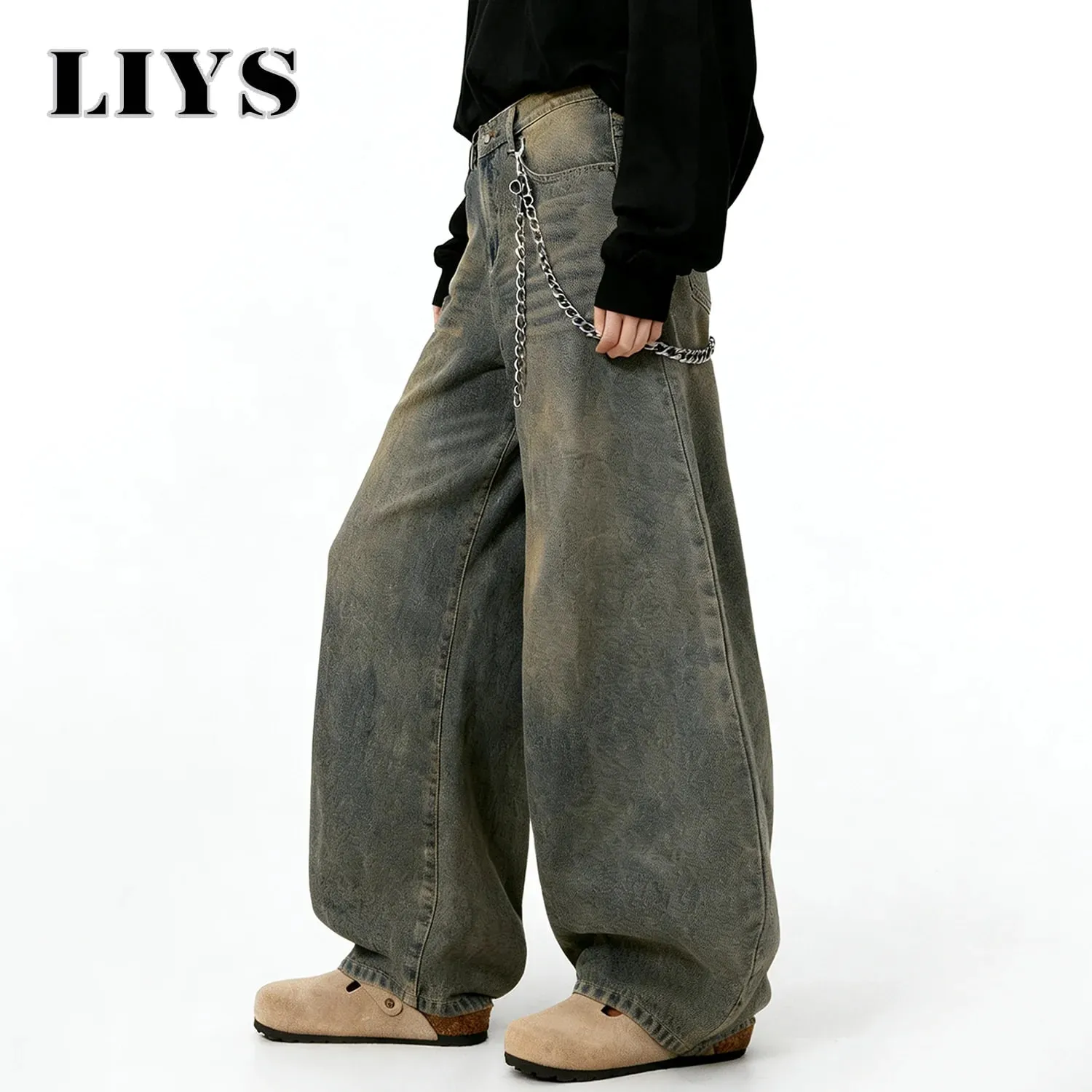 American Retro Baggy Wide Leg Jeans Men's Streetwear Distressed Y2K Clothing Casual Daily Four Seasons Denim Pants Unisex