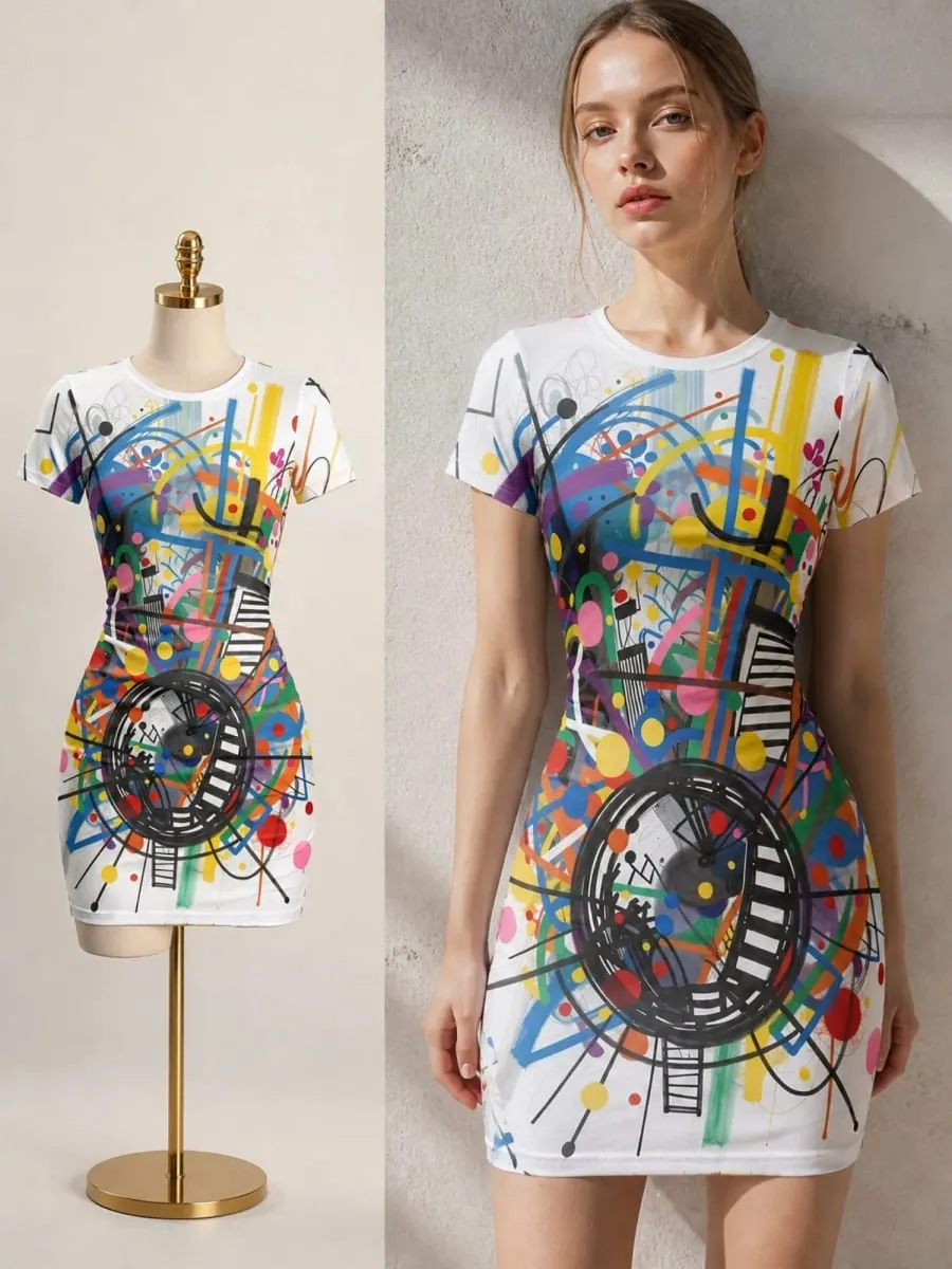 Womens Short Sleeve Bodycon Mini Dress Slim Fit Crew Neck Floral Print Casual Summer Party Flattering Lightweight Party Sundress