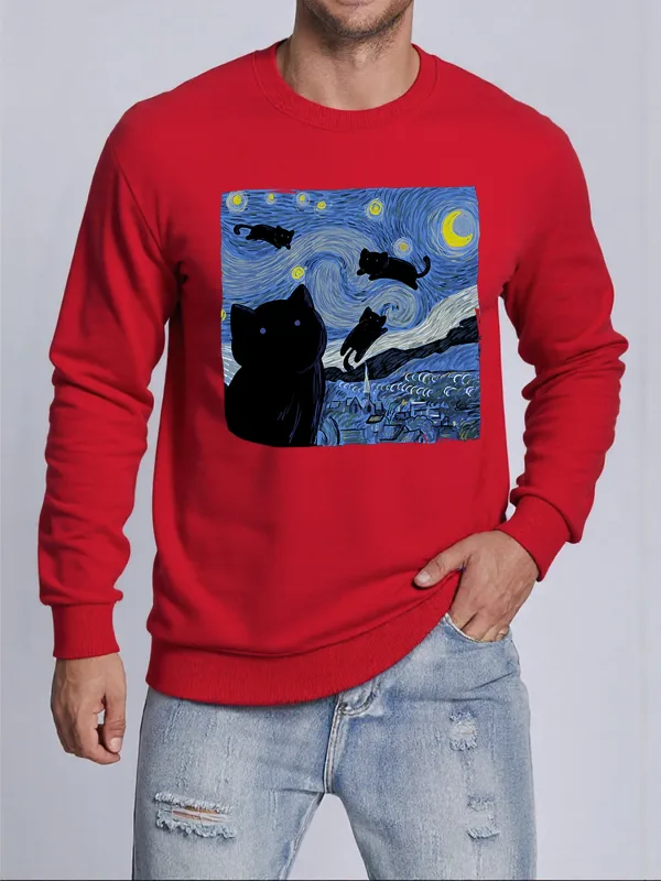 Van Gogh Starry Night Cat Printed Pullovers Unisex Thicken All-Match Sweatshirt Hip Hop Loose Hoodie Autumn Casual Sweatshirts