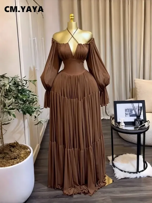 CM.YAYA 2026 Fall Winter Women Long Sleeve Slash Neck Long Maxi Dress Slim Evening Birthday Trendy Sexy Vacation Party Dresses