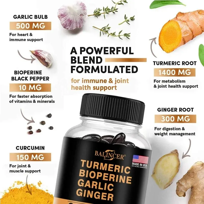Zerdeçal Zencefil Takviyesi Piperine 2360 Mg Sarımsak Rahatlığı Sindirim ve Bağışıklık Besin Takviyesi Kalsiyum Glutensiz