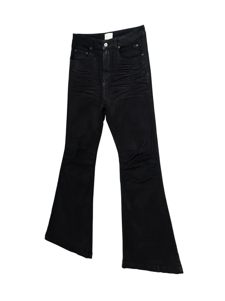 Retro Dark American High Street Handmade Brush Wax Coating Washed Floor Micro Flared Jeans Men Trendy mid Waist Loose Fit Jeans