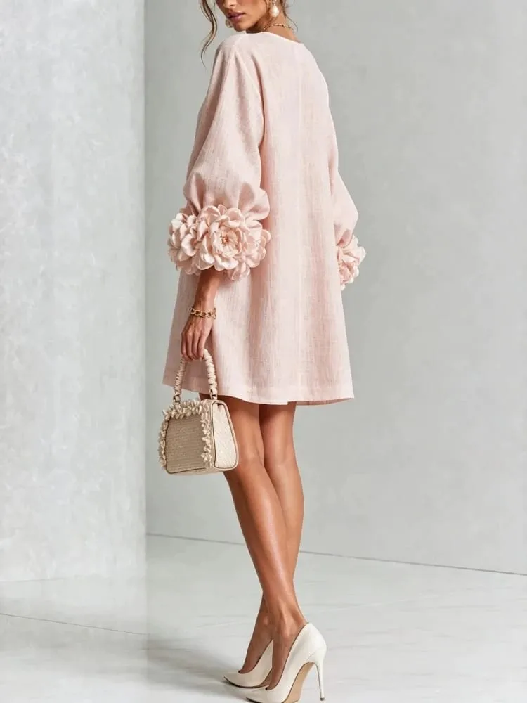 Women Linen Mini Dress O Neck Puff Long Sleeve 3D Flower Cuff Decor Flower Button Loose Casual Short Dresses for Party Vacation