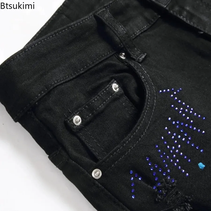 2026 New Men's Fashion Crystal Cross Stretch Denim Jeans Holes Ripped Distressed Black Pants Embroidery Slim Tapered Trousers