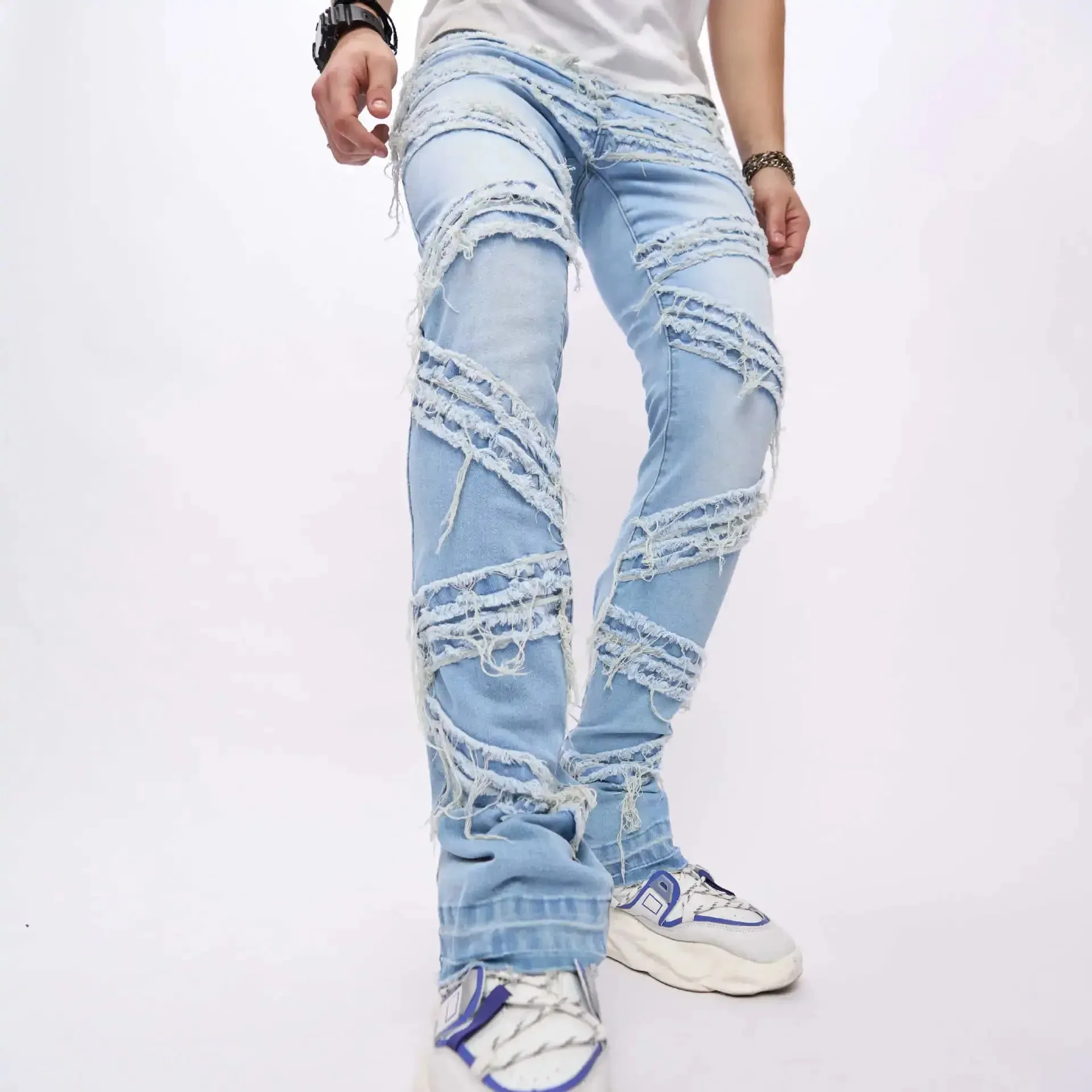 Gescheurde herenjeans Rekbaar denim Street chic Scheurend patchwork Gaten Gescheurd denim Losse casual broek Slim-fit rechte broek