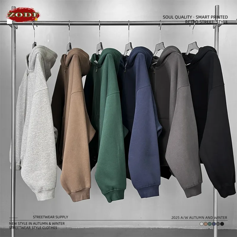 อินเทรนด์ 2025 ฤดูหนาวManขนแกะBoxy Hoodies Unisex 350gsm Double Head Zipper Hooded Sweatshirts Coat HY1122