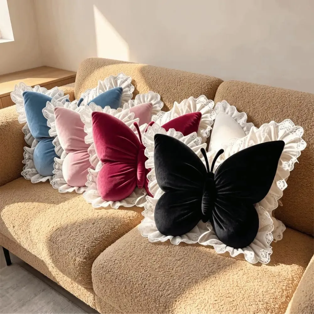 Home Decor Velvet Butterfly Plush Pillow Soft Lace Trim Bow Plush Cushion Plush Cute Bow Throw Pillow Bedroom