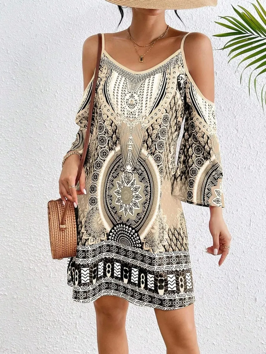 Women's Vintage off Shoulder Spaghetti Strap Dress Floral Print Casual Vacation Elegant Sleeveless Summer Dress