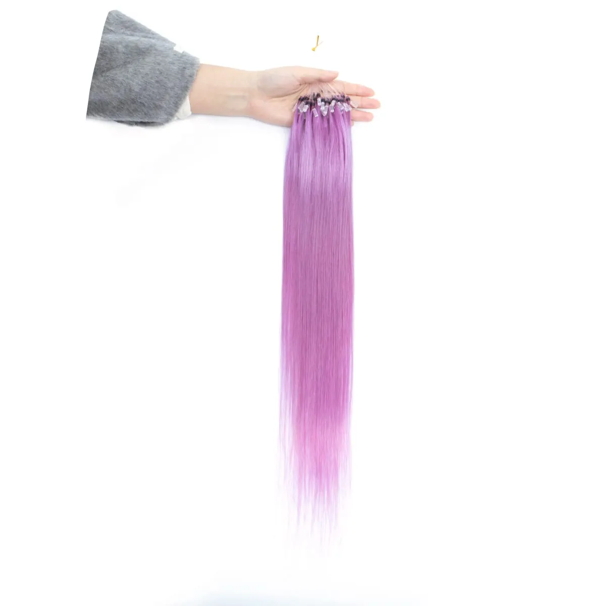 Colored Micro Link Hair Extensions Human Hair No Glue Virgin Human Hair for Women Girls 50 Strands Colorful 30G Gray
