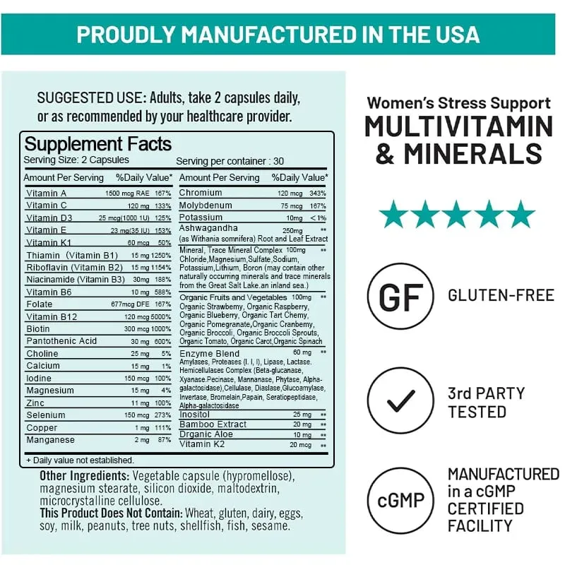Multivitamin för kvinnor Ekologisk helmat & naturliga mineraler - B-komplex C-vitamin D3 K2 för stressimmunitet Hårhud och naglar