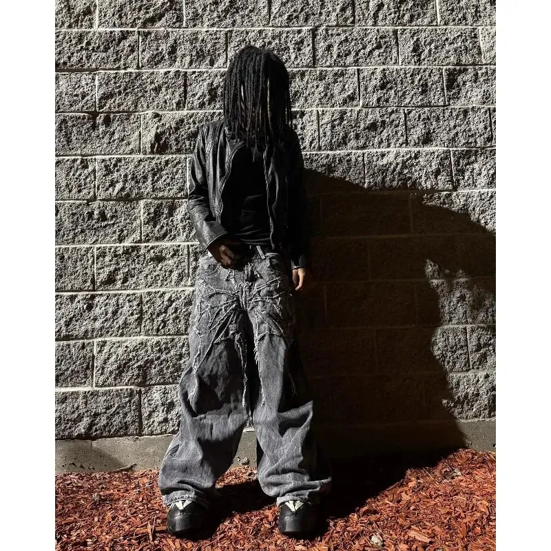 Men Y2K Gothic Spider Baggy Jeans Distressed Washed Raw Edge Wide Leg Denim Pants Hip Hop Streetwear Ghost Loose Trousers
