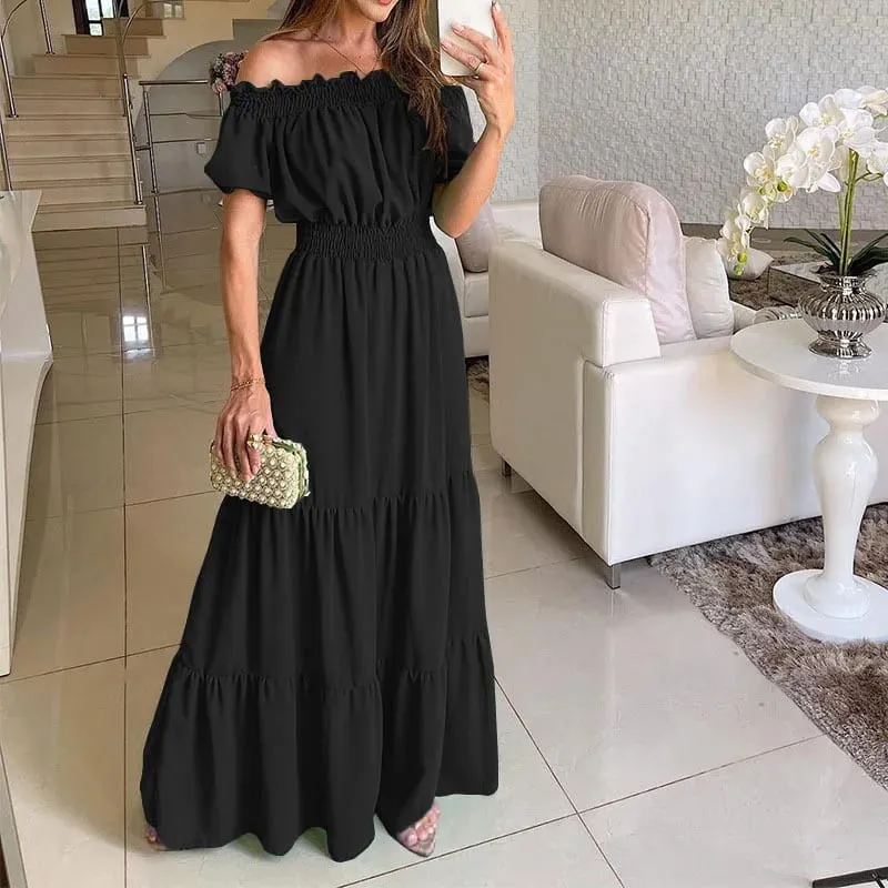 2025 Estate Solid Boho Dress Donna Moda Elegante Beach Party Dress Casual Slash Neck Ufficio Maxi Abiti per la donna Robe Femme