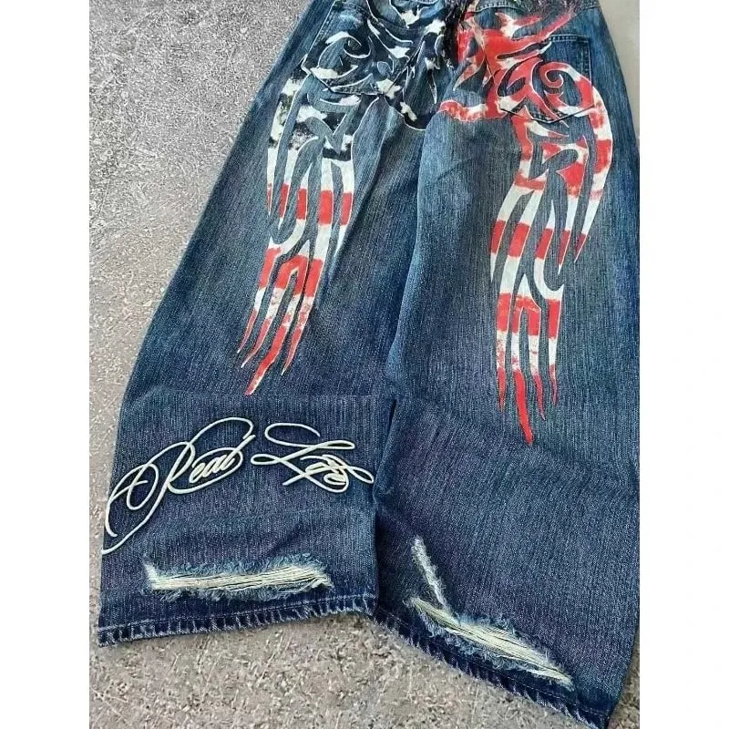 2026 new printed retro wide-leg casual slim trousers Hip-hop personality jeans Y2K women's dark fun graffiti floor-length pants