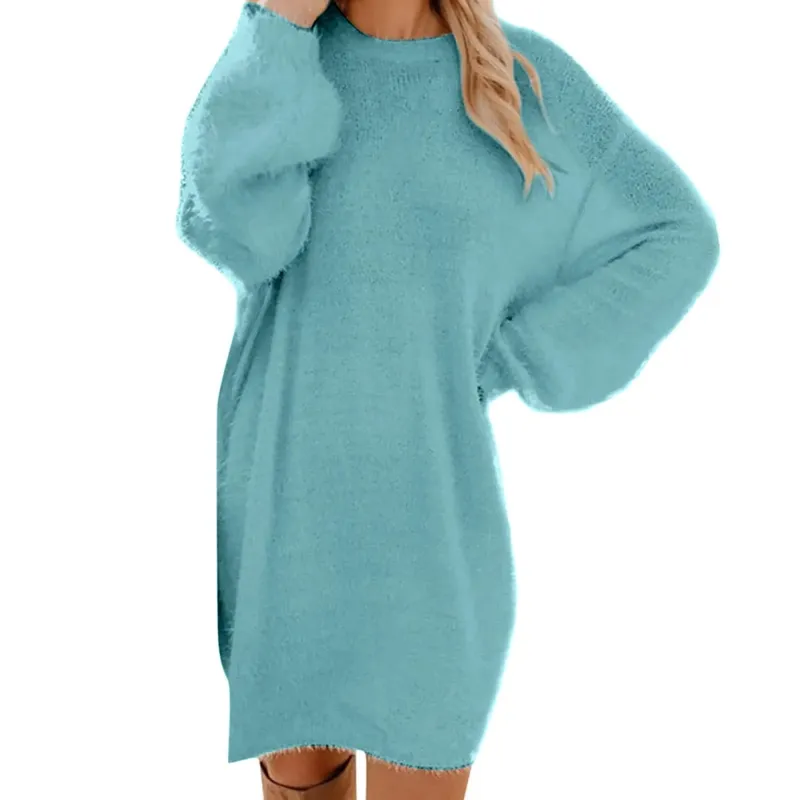 Damski sweter zimowy dzianinowy okrągły dekolt ciepły, długi rękaw O-Neck Casual bluzy sukienka jednolity kolor ponadgabarytowy podstawowy materiał damski