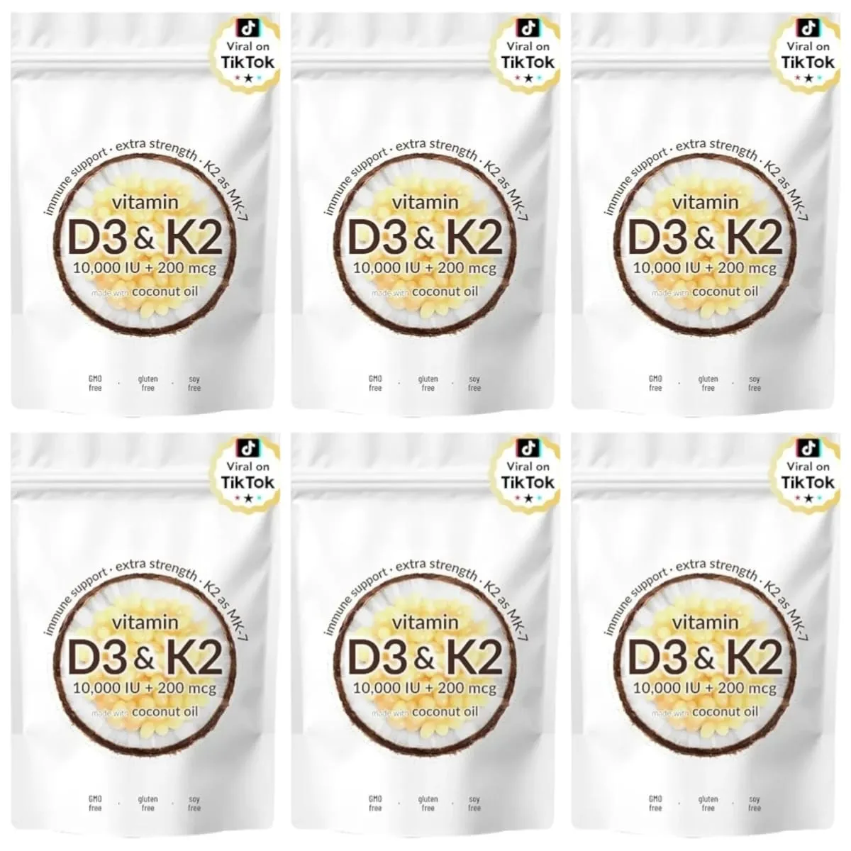 Vitamin D3 10000 IU K2 MK-7 200 mcg Softgels with Coconut Oil 2 in 1 Supports Strong Bones Immune Function Heart Health 300 Ct