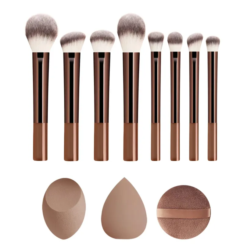 8Pcs Brown Coffee Makeup Brush Set Powder Blush Foundation Eyeshadow Brushes With Triangle Puff