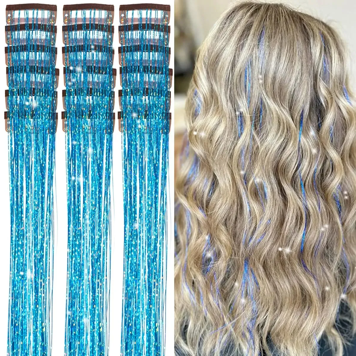 Sambungan Rambut Tinsel Berkilauan 20 Inci dengan Klip Dalam 6 Keping/Set Klip Sintetik dalam Aksesori Rambut Sparkle Fairy untuk Kanak-kanak Wanita