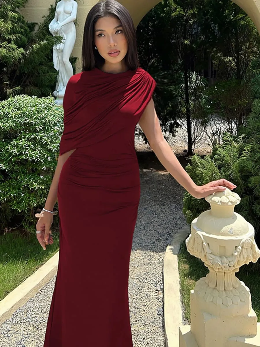 Hugcitar Women Fashion Turleneck Solid Short Sleeve Irregular Sexy Ruched Maxi Prom Dress Summer Clothes Evening Party Birthday