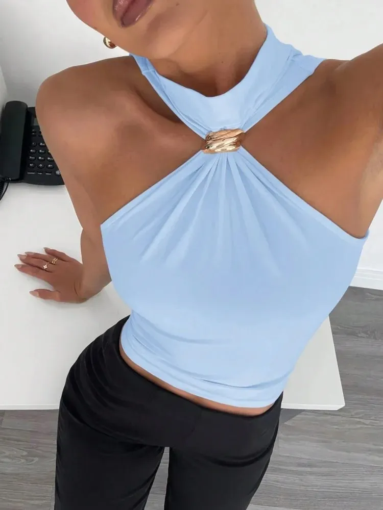 Metal Ring Decor Twist Knot Sleeveless Tank Top for Women Summer Casual Elegant Office Style Halter Neck Slim Fit Crop Top