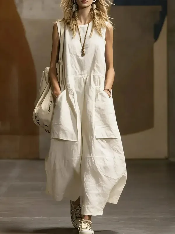 2026 Summer Loose And Simple Sleeveless Cotton And Linen Women's Dress New Fashion Casual Pocket Female Holiday Long Dresses