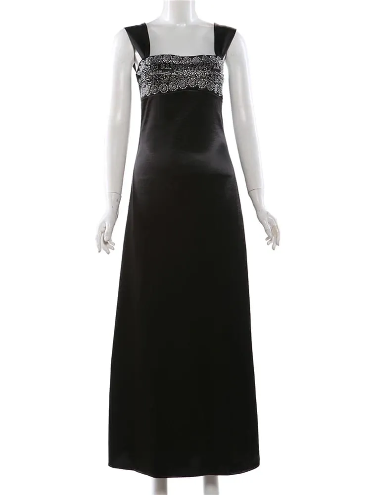 Nibber Elegant Strap Dress Women Low-Neck Patchwork Classic Evening Sexy Stain Valentine's Day Dating Slim Coquette Long Bodycon